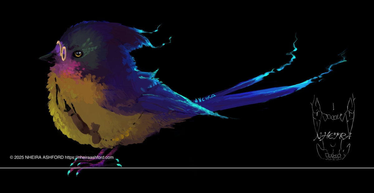 A portrait of a very small but round bird with long tail feathers. There are whisps on the ends of their feathers. The bird has purples, oranges, pinks and yellows with hints of blue throughout. The bird also wears a pair of tiny gold glasses. Its feet are iridescent, shimmering between pink and purple. The talons are neon blue and glow.