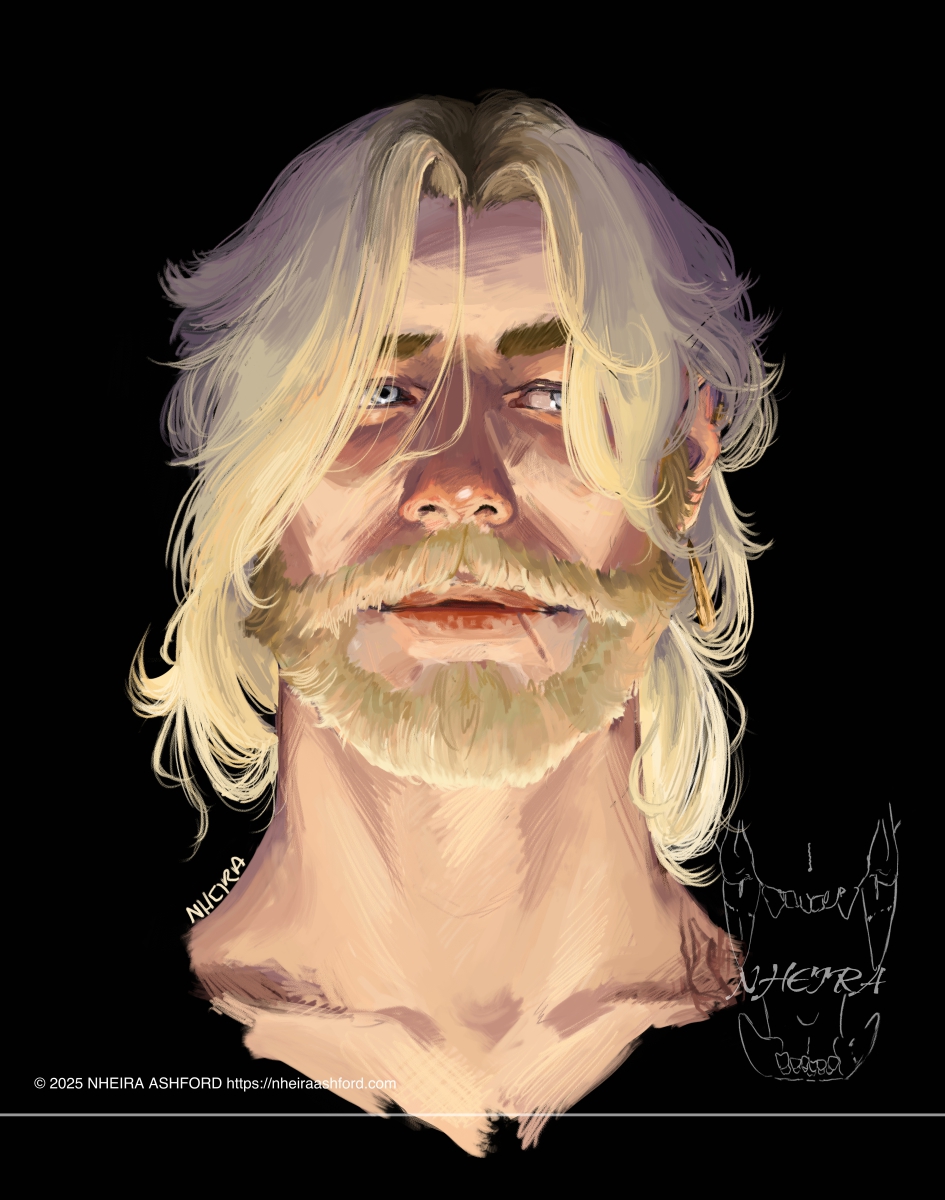 A portrait of a blonde character that is lit by dramatic lighting. His beard matches his hair color. He is partly underlit, the light catching under his nose and parts of his face that would ordinarily be cast in shadow. He has icy gray-blue eyes. 