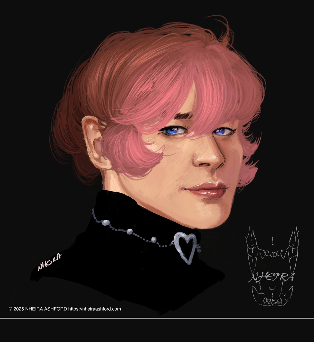 A portrait of a lady with brown and pink hair. She has bright blue eyes and wears plain lipgloss with a hint of pink to it. Around her neck is a heart choker that is very reminiscent of what she wears with her regular outfit. The only visible article of clothing she's wearing is a regular black turtle neck style shirt.