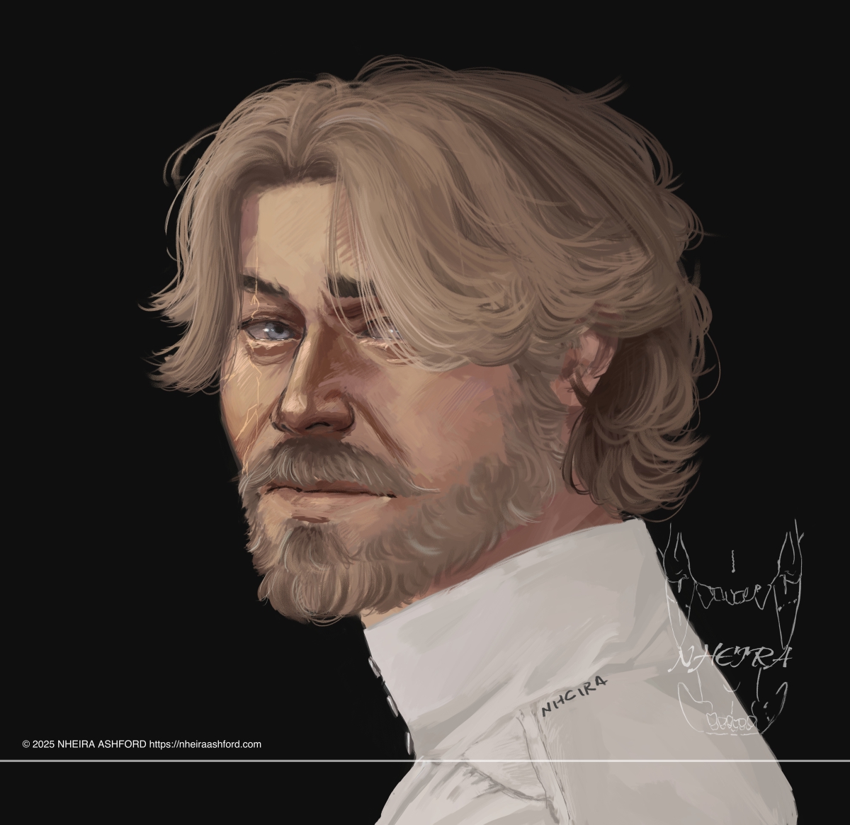 A digital headshot of a blonde haired older man with the matching facial hair. His moustache and beard are neatly combed and kept tidy. He has piercing gray/blue eyes. He wears a simple victorian style off-white shirt.