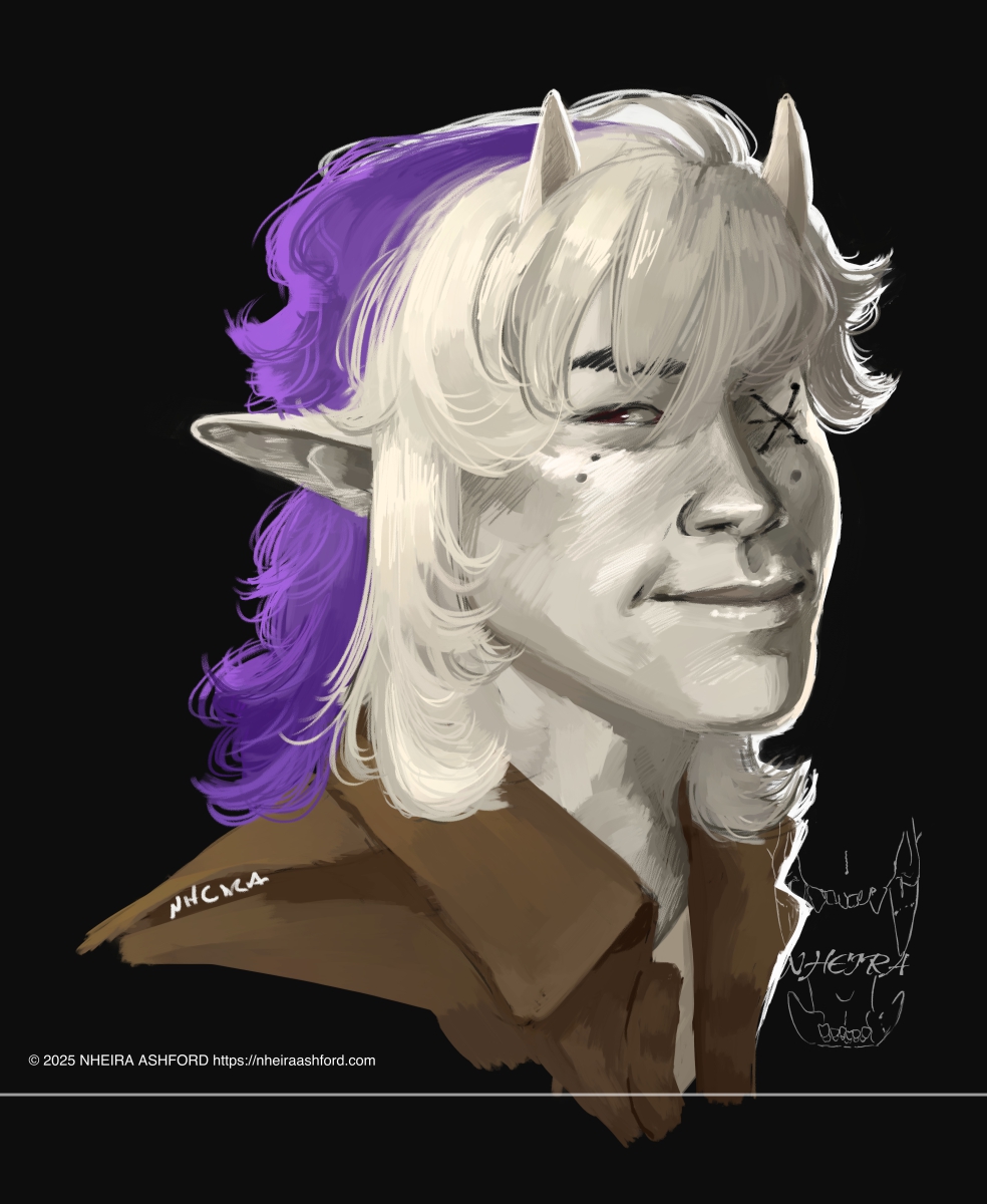 A headshot of a character with white horns. This character has bi-colored hair; a creamy white and vibrant purple. They have only one eye open, the other stitched/sewn shut. They have a cheerful disposition in this image, smiling as they look at the viewer. They wear a mocha brown jacket, an offwhite shirt that's barely visible underneath. 