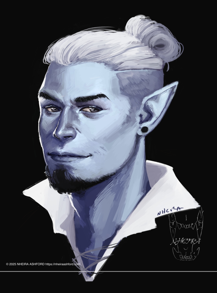 A portrait of a half air genasi / half elf character. He has part of his hair shaved and the rest tied back into a tidy bun. The only facial hair he has is a beard and a sort of smirk is place as part of his expression. 