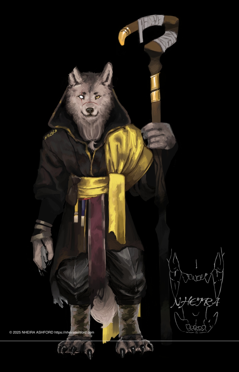 A fullbody portrait of an upright wolf that is holding a shepherds crook. He has more human-like hands versus traditional dog paws. His feet are oversized wolf paws. He wears dark clothing with occasional pops of color, including a bright yellow silk-like piece of fabric that is wrapped around one shoulder and his waist.