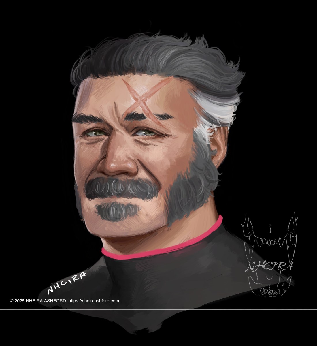 A dportrait of an older man, complete with mutton chops and handlebar moustache; his hair, all of it, is a dark gray with light gray streaks right above the ears/at the temples. He has an x shaped scar over his left eye.