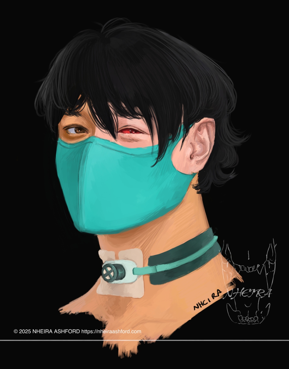 A portrait of a male character with short black hair. He has two different colored eyes; one dark brown, one a somewhat bright red. The red one is made of glass. The visible part of his face is two toned; the left side having more pink and red undertones. Over the lower half of his face he wears a mint colored mask. Around his neck are the different components for his trach, most pieces varying colors of green and greenish blue.