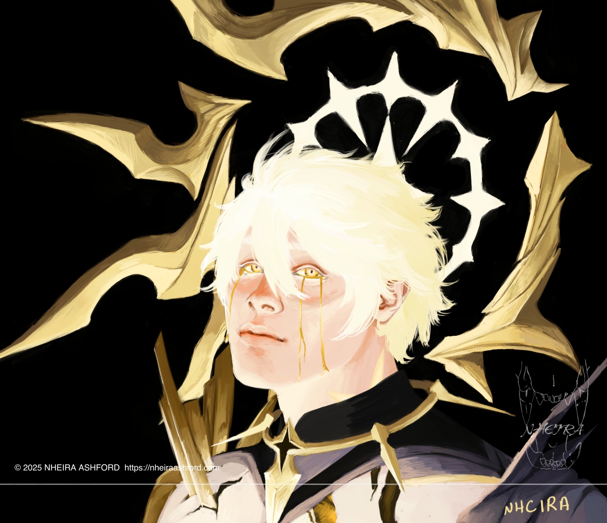 A portrait of Phainon from Honkai: Star Rail. He's lit in high key lighting that sweeps across his face, illuminating it as though there's a fire lit behind his skin. His hair is a very pale gold. His eyes are an equally bright gold with dark purple pupils. There are cracks running along his skin, some illuminated gold, some blank.