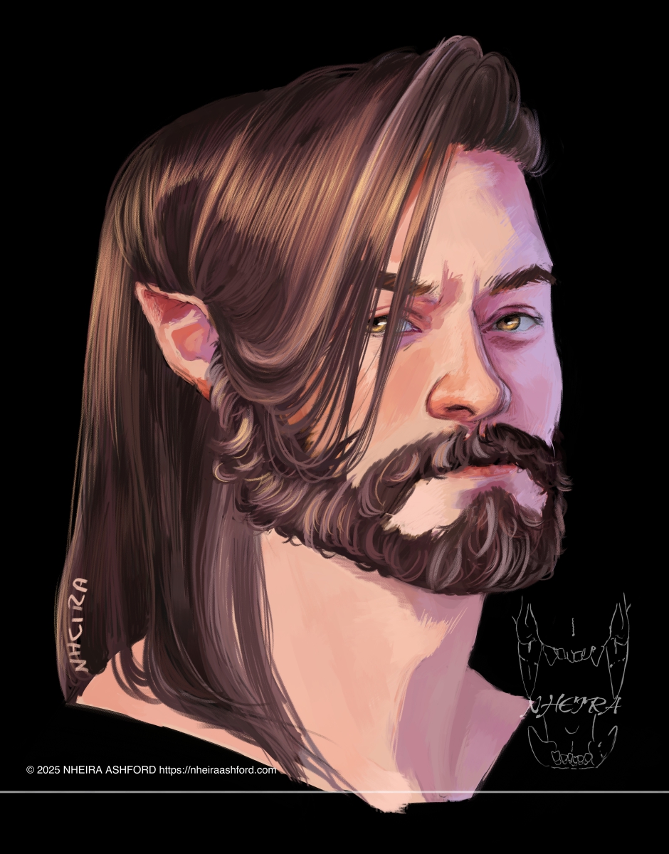 A portrait of a bearded man with sunlit brown eyes. He is lit in split lighting that has very warm hues, suggesting he is probably standing outside. He has long dark brown hair and a beard to match, gray streaks throughout both.