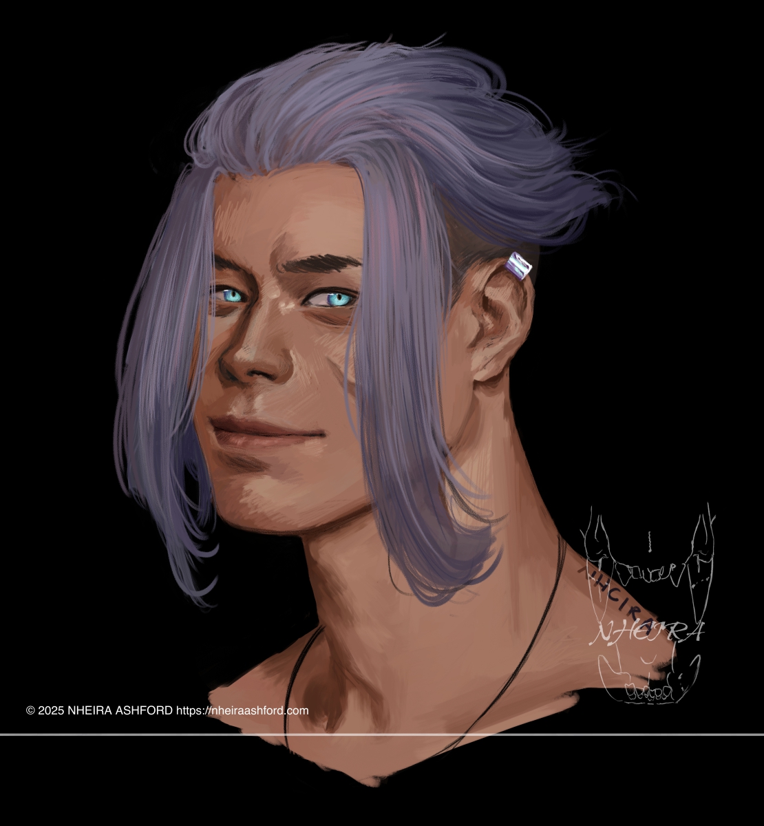 A portrait of a half alien character that has electric blue eyes with slitted pupils. He has one visible piercing in the form of a shiny silvery/blue cuff around the top of his ear. He has a jagged scar on the left side of his face ( our right side ), but it is partially covered by his hair. He is lit in soft lighting with minimal hard shadows.