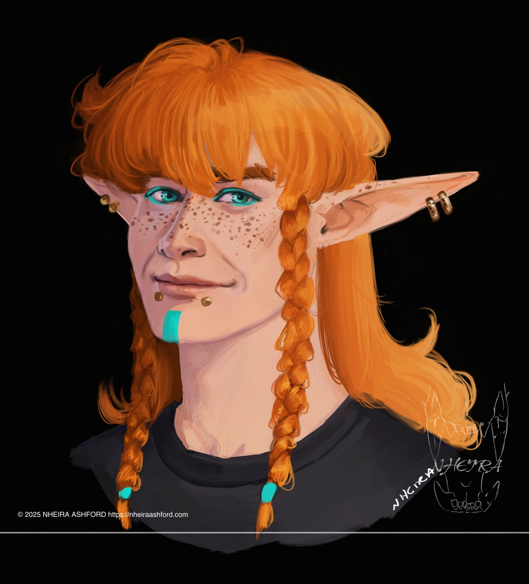 A portrait of a redheaded character that has two braids in his hair. He has gold piercings; they are on his face and ears. He has a smattering of freckles on his face and ears. His hair is a very vibrant reddish orange, highlighted by sunlight. He wears a simple gray t-shirt. His eyes are a bright neon blue that seem to glow. This is the same blue incorporated in other places in his design.