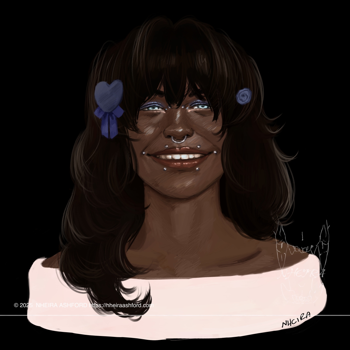 A portrait of a POC character that has long voluminous hair. She has several facial piercings and they're all a polished silver.  She wears blue colored hair accessories; one heart with ribbons and a rosette on the other side. Her makeup matches her accessories colors. What visible parts of her clothes consists of a very wide off the shoulders sweater.