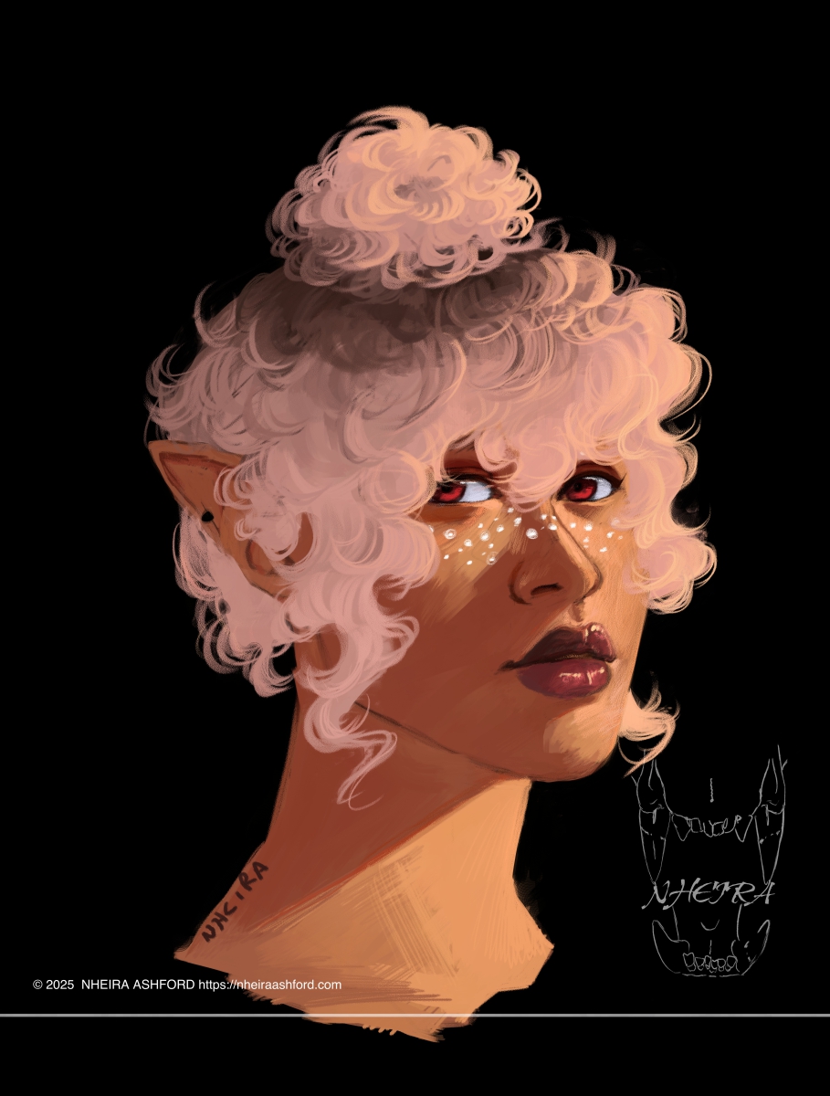 A portrait of a woman with mauve colored curly hair with some of her natural hair color showing through ( a dark brown ). She has soft white freckles and is lit in dramatic lighting, her face posed in the three quarter angle.