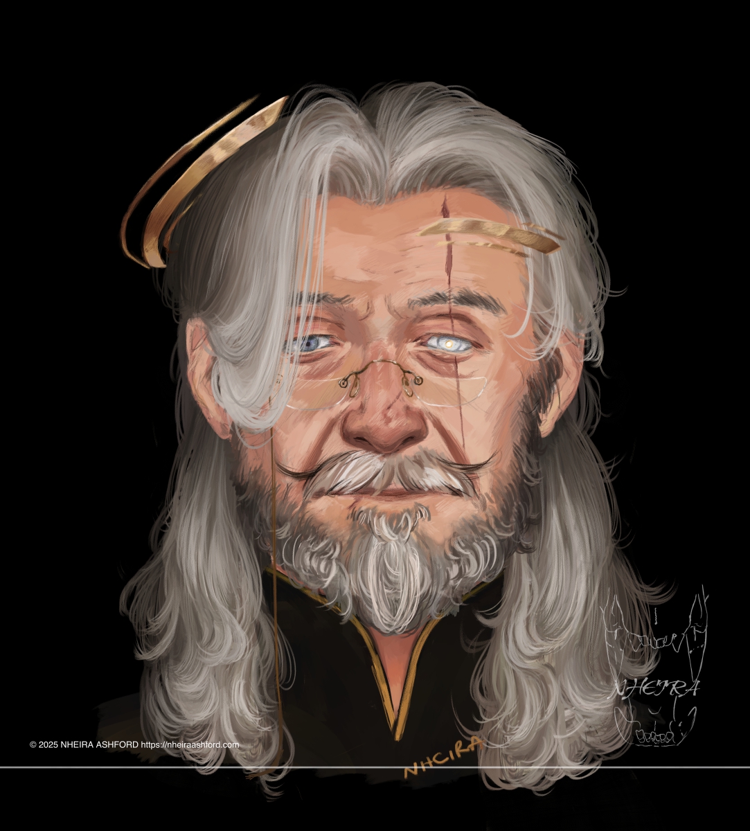 A portrait of an older man. He has soft gray hair and a coarse looking beard/moustache. A scar runs through his left eye that's a plain off-white, pupil circled in shimmering gold and its centre a flat white. He has a circlet style halo. On his face he wears a pair of half moon glasses that are reminiscent of ones made in the mid 1800s-early 1900s.