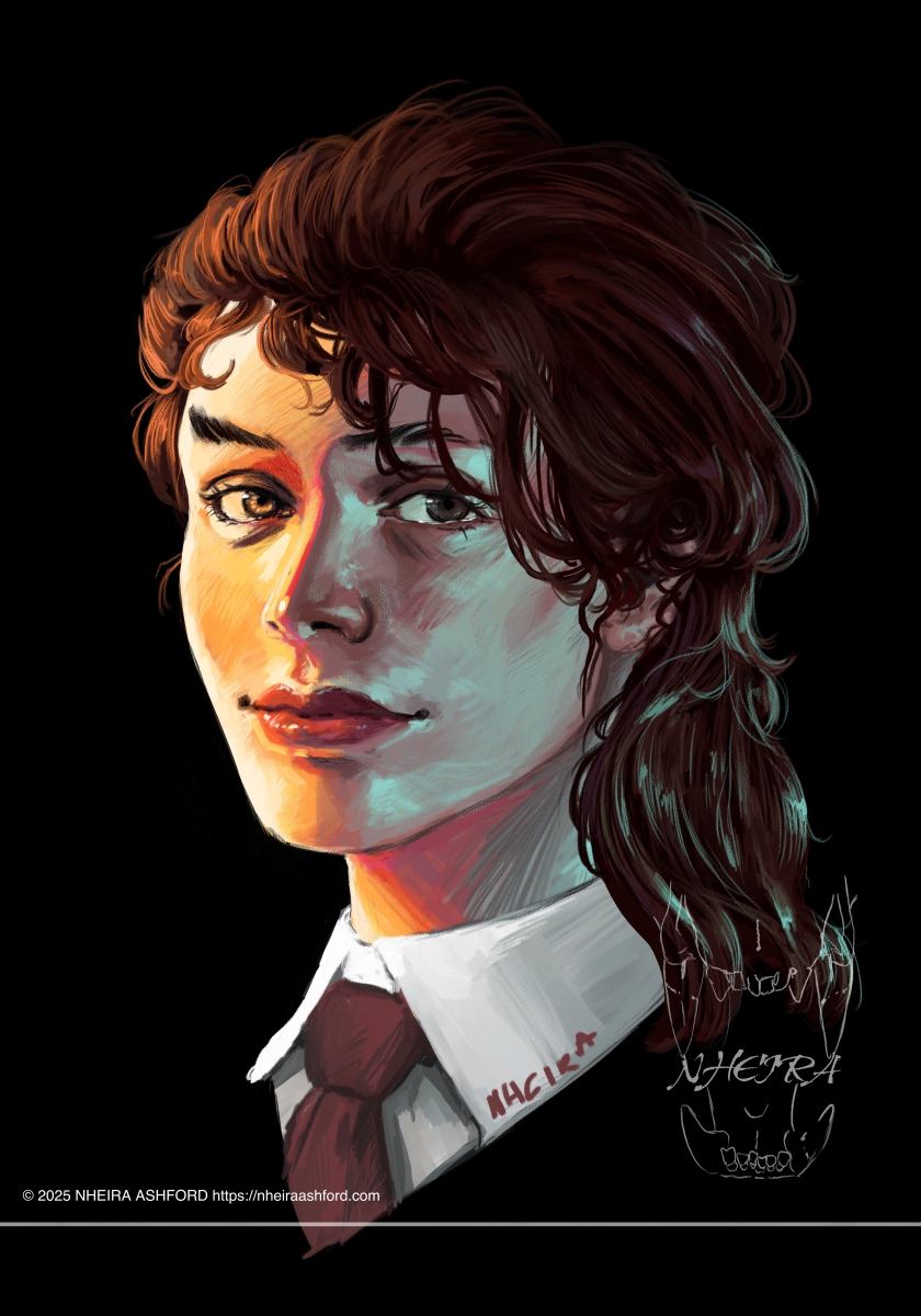 A portrait of a pirate lady that has greasy/wet hair that is partially slicked back. She is lit in warm and cool lighting with a very dramatic split. She appears as though she just got splashed in the face with water. The character also wears a white collared shirt complete with a desaturated red tie that appears as though it may be made of some sort of satin.