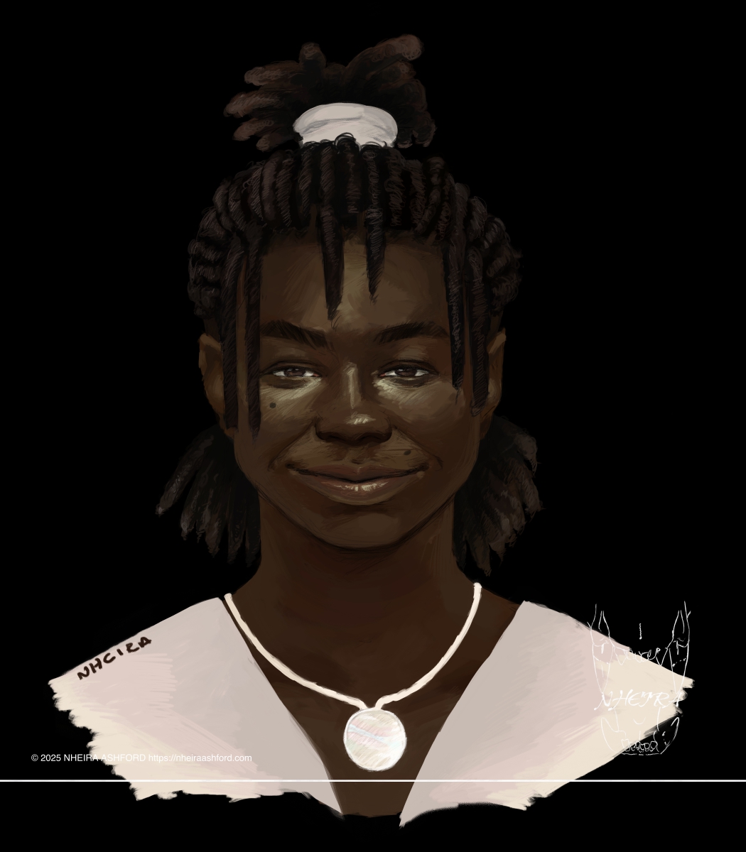 A portrait of a PoC character. He has shorter locs tied back with a gray hair tie. He has a big smile on his face, appearing cheerful. There are two identifiable markings on his face, two small moles; one under his right eye and one above his upper lip on the left side. He has dark brown eyes that both match his hair. His wardrobe ( what is visible ) consists of an off-white top that has a low neckline.