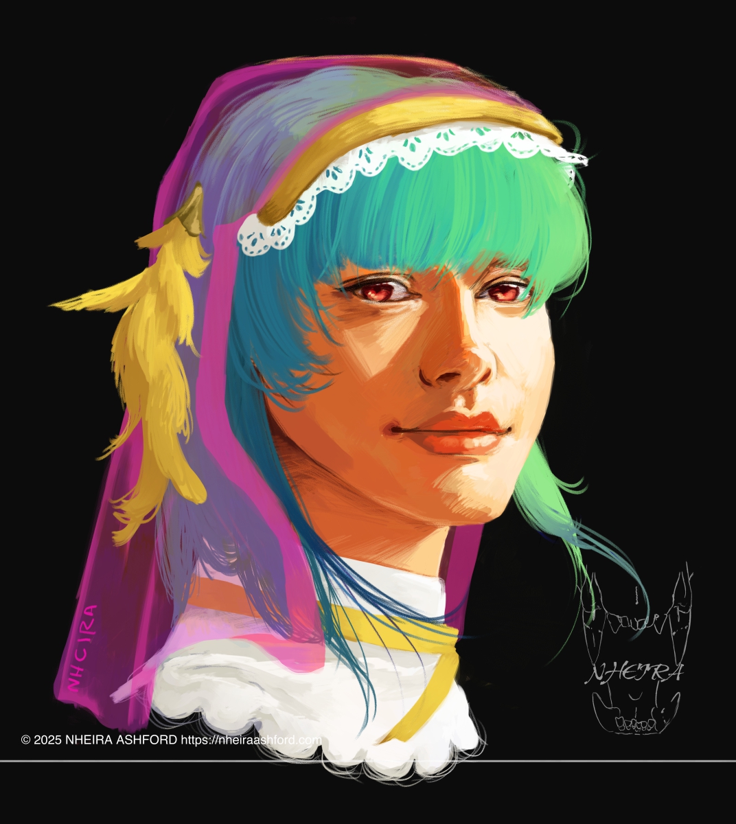 A portrait of a girl with teal hair and a semi-transparent veil over the back of her head. She wears a simple white shirt with a yellow ribbon wrapped around her neck. That ribbon matches the feathers attached to her veil and around the veil's headband. There are lace accents attached to its crown. She is lit in golden hour sunlight.