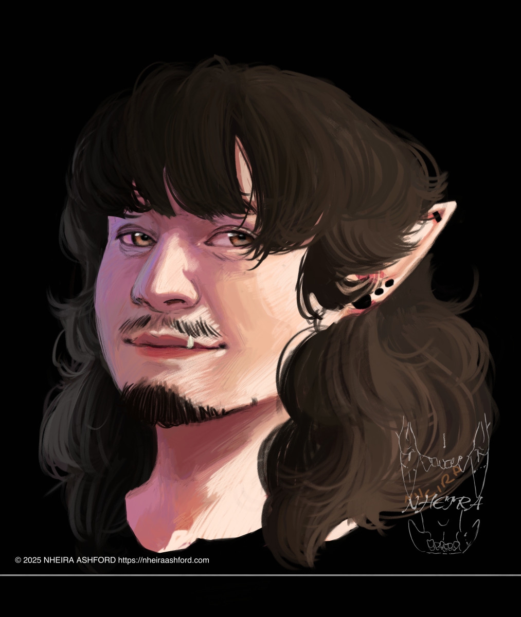 A portrait of a werewolf man; he has amber brown eyes and dark brown hair. His hair is super fluffy and is lit on two sides; one with direct light and the other with low fill light. He has one tooth peeping up from his lower lip.