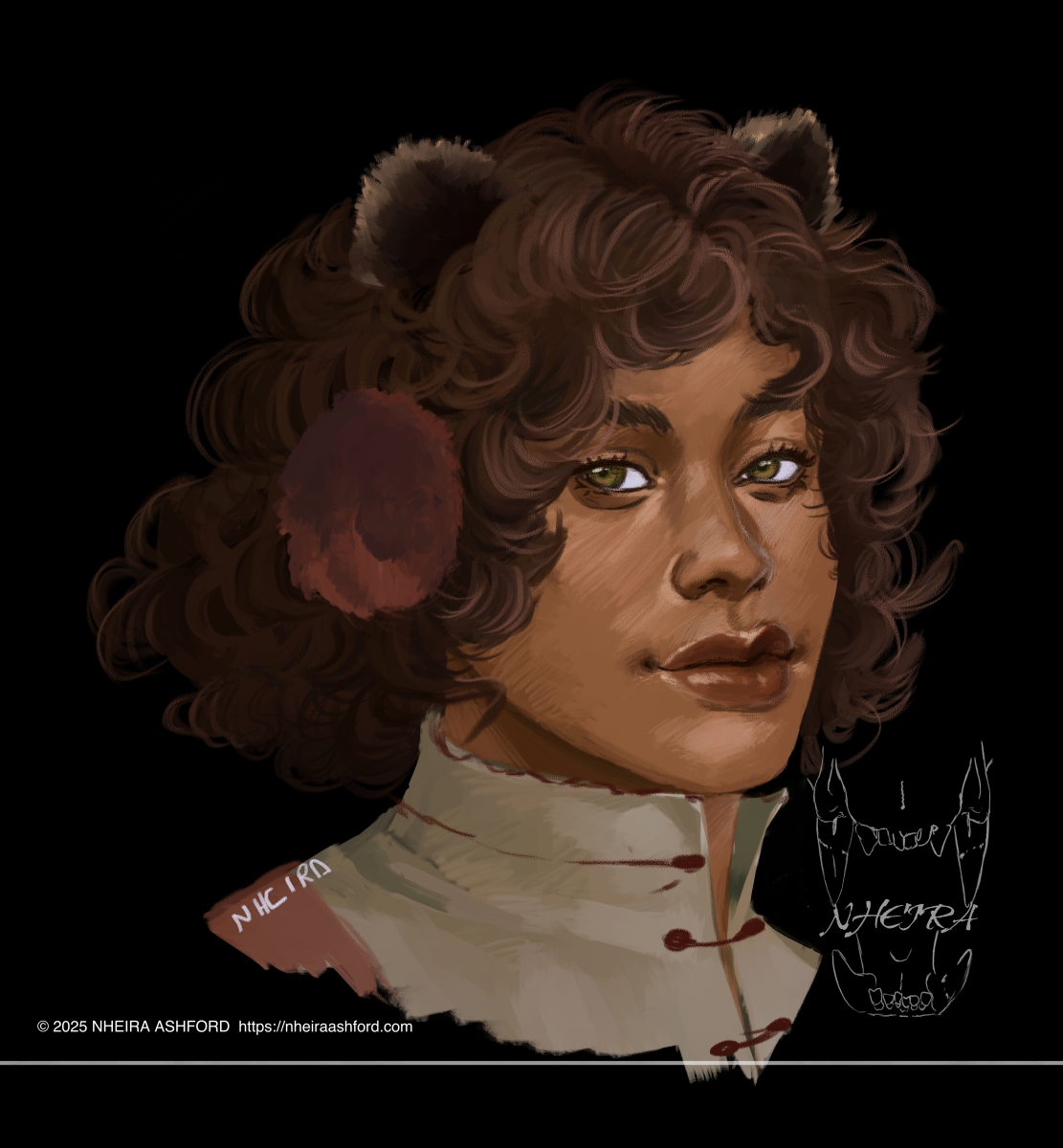 A portrait of a woman with brown bear ears. She has hazel eyes and chocolate brown hair that falls in loose curls, but ends above her shoulders. She wears a light colored top and a very small hint of a reddish strap can be seen over one shoulder. She's looking towards the viewer, her head positioned in a 3/4th profile angle.