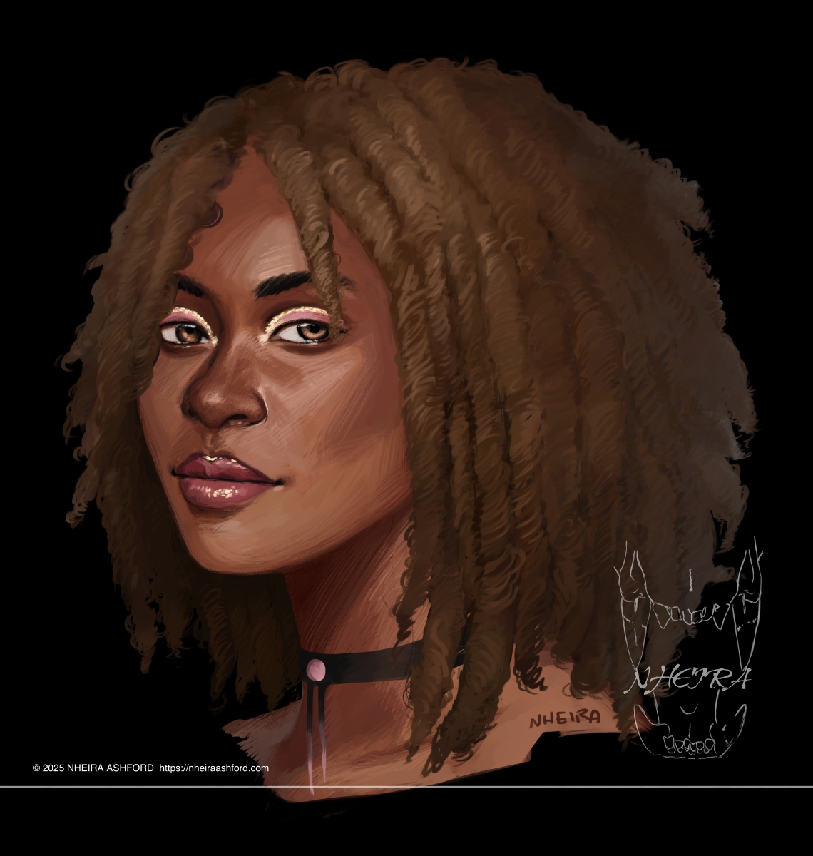 A portrait of a POC woman. She has pastel pink eyeshadow with a rose gold bit of eyeliner in the crease of her lids. Her hair hangs loose in thick locs which frame her face. Her eyes are a bright brown with some gold tones hinted in lighter areas.