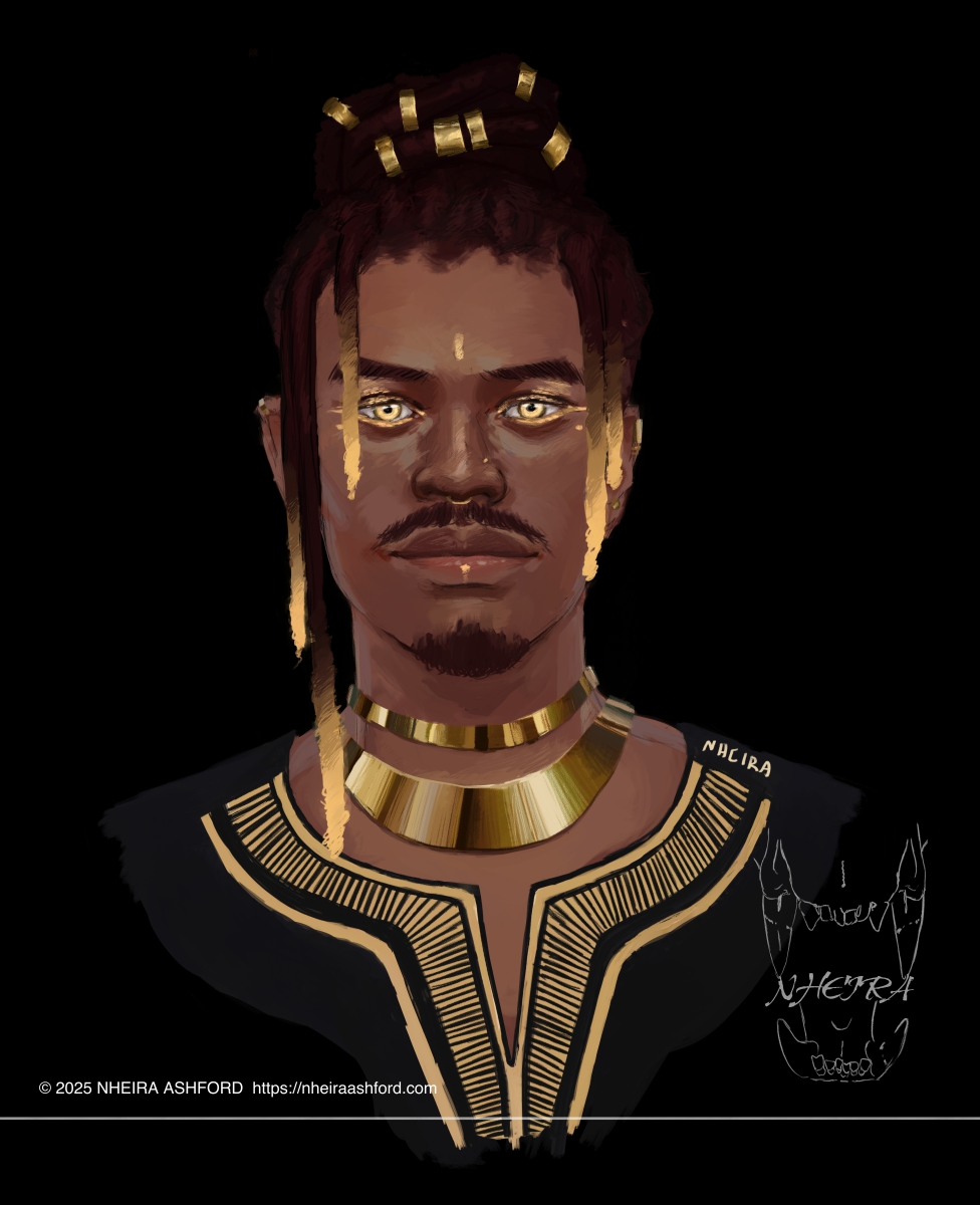 A headshot of a black character with his locs tied up in a bun style atop his head. He's wearing wide necked shirt that dips down in the centre ( black dashiki with simple gold embroidery ). His eyes are a bright, shimmering gold with a black pupil which matches the jewelry on his ears and in his hair. The pair of collar style necklaces he wears are a highly polished gld, matching the rest of his jewelry.