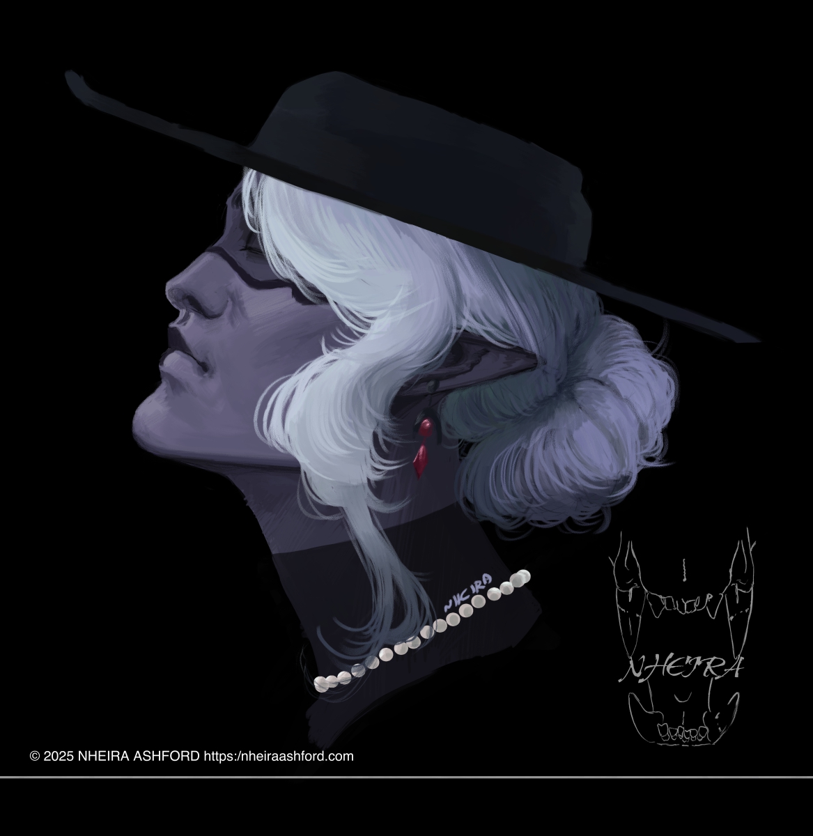 A portrait of a drow elf woman with a wide brimmed black hat on her head. Her white hair is tied up in a low messy bun in the back. On the lower half of her face she wears a mask and around her neck is a simple necklace consisting of off-white pearls. In addition, she wears a pair of earrings that are of a black/red combination.