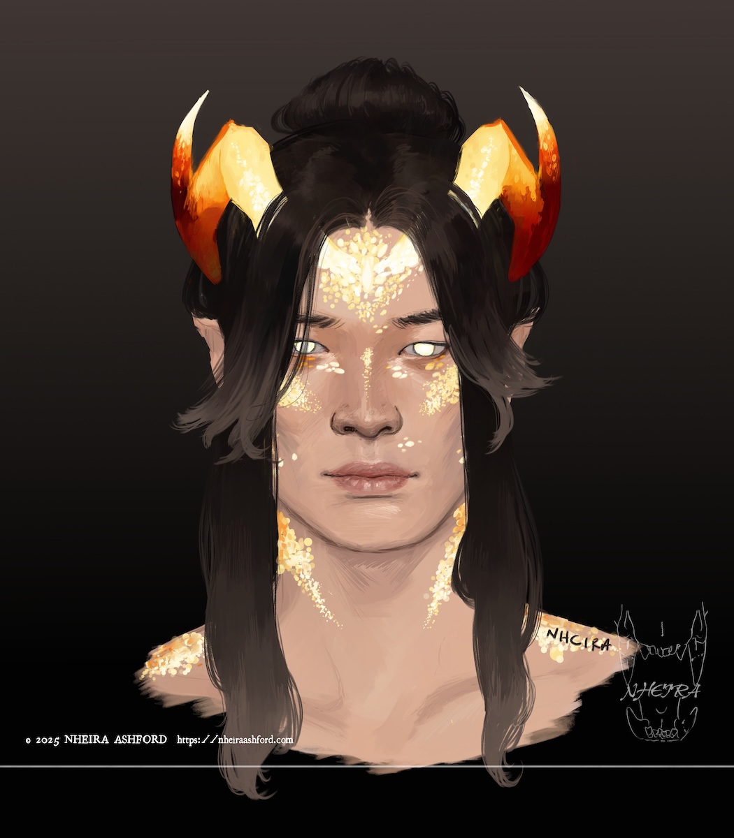 A portrait of a long haired character with shimmering gold scales all over his face, neck and shoulders. He has illuminated horns and eyes, piercingly bright. His hair starts as a very dark brown, almost black and fades out to a lighter brown towards the ends.