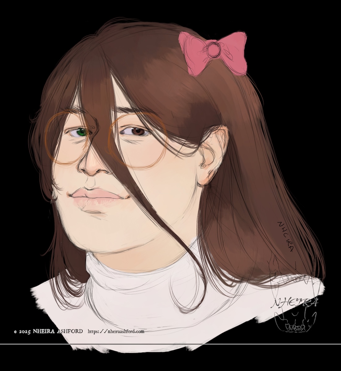 A portrait of a long haired character; his hair is a soft, almost reddish brown and visible on one side of his head is a pastel pink bow. His left eye is brown and his right eye is a soft emerald green color. On his face is a pair of gold rimmed, perfectly round glasses; they're a darker gold and appear almost an orange-y gold. His only visible article of clothing is a turtleneck shirt of an off-white color.