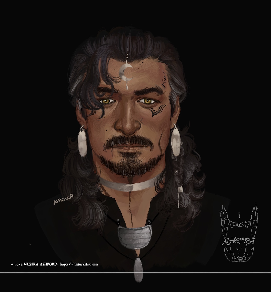 A portrait of an Egyptian man staring at the viewer. He has dull gold eyes and olive toned skin; his hair is a dark brown mixed with gray. He has several scars; three of which are either completely or partially visible. He wears two silvery discs as earrings and around his neck he wears a solid band of silver. Below that are two chunky silver pendants. The only other pieces are in his hair, along with a single piece resting over his temple; its shaped like a crescent moon.