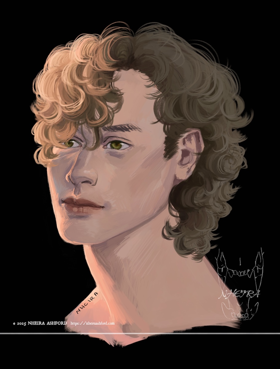 A portrait of a character pictured in three quarters. He has thick curly brown hair that is lit brightly in golden light on one side. His eyes are a soft olive green with hints of dark reddish brown throughout. On his right side ( viewer's left ) he is lit in side lighting that matches whats in his hair. What skin that isn't reached by the lightsource is a very warmly toned tan, mostly even throughout.