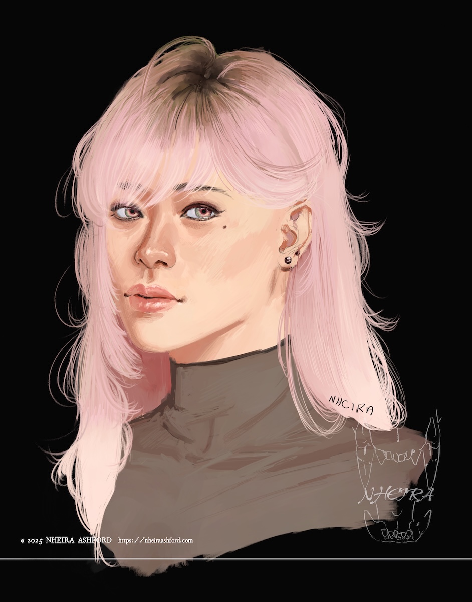 A portrait painting of a woman; her hair is a soft pastel pink with her natural dark brown roots showing through at the top of her head. Her eyes are mix of very soft faded green and vibrant pink, matching her hair. She wears a pair of simple black pearl earrings, accompanied by a smaller set. The only visible part of her outfit is the semi-transparent top portion of her shirt.