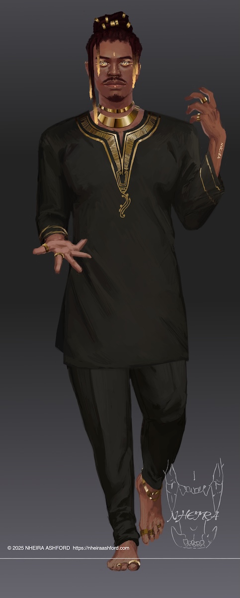 A fullbody drawing of a black character; he is largely dressed in golds and blacks. He has striking gold eyes that match the ends of his locs, which appear to glow. His black dashiki has gold embroidery around the collar and sleeve cuffs. His jewelry follows the same gold theme. His pose suggests that he is in the middle of walking towards the viewer. One hand is held upright by his shoulder and the other is extended in the viewer's direction.