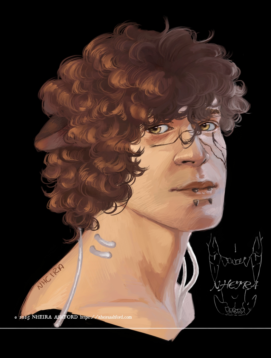 A portrait of a curly haired character that has the ears of an otter. His hair color is a soft brown, vibrantly lit on one side and illuminated with cooler lighting on the other side. There is wiring attached to his neck in various places, attached to hidden places that aren't pictured. In this portrait, he is posed in a three quarter profile, eyes fixed on the viewer.