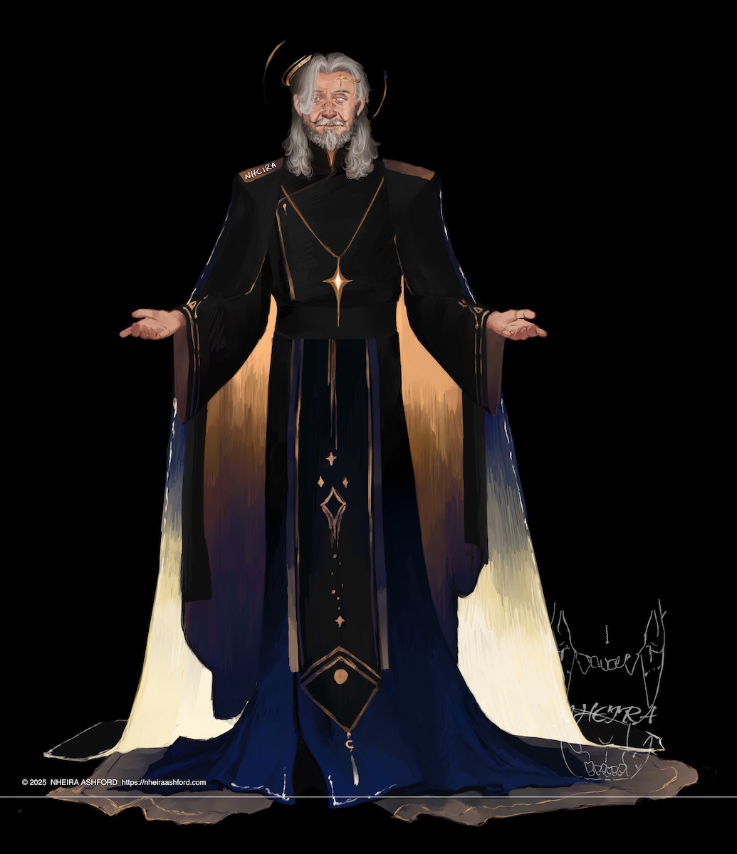A fullbody drawing of an older man dressed in ornate robes, complete with long gray hair and half moon glasses. His color palette is mostly black and gold with splashes of blue and a warm bright yellow thrown in. He stands facing the viewer with his hands held aloft, palms up. His main theme is based around stars as seen in his star-shaped necklace and the star embroidery on his belt tapestry.