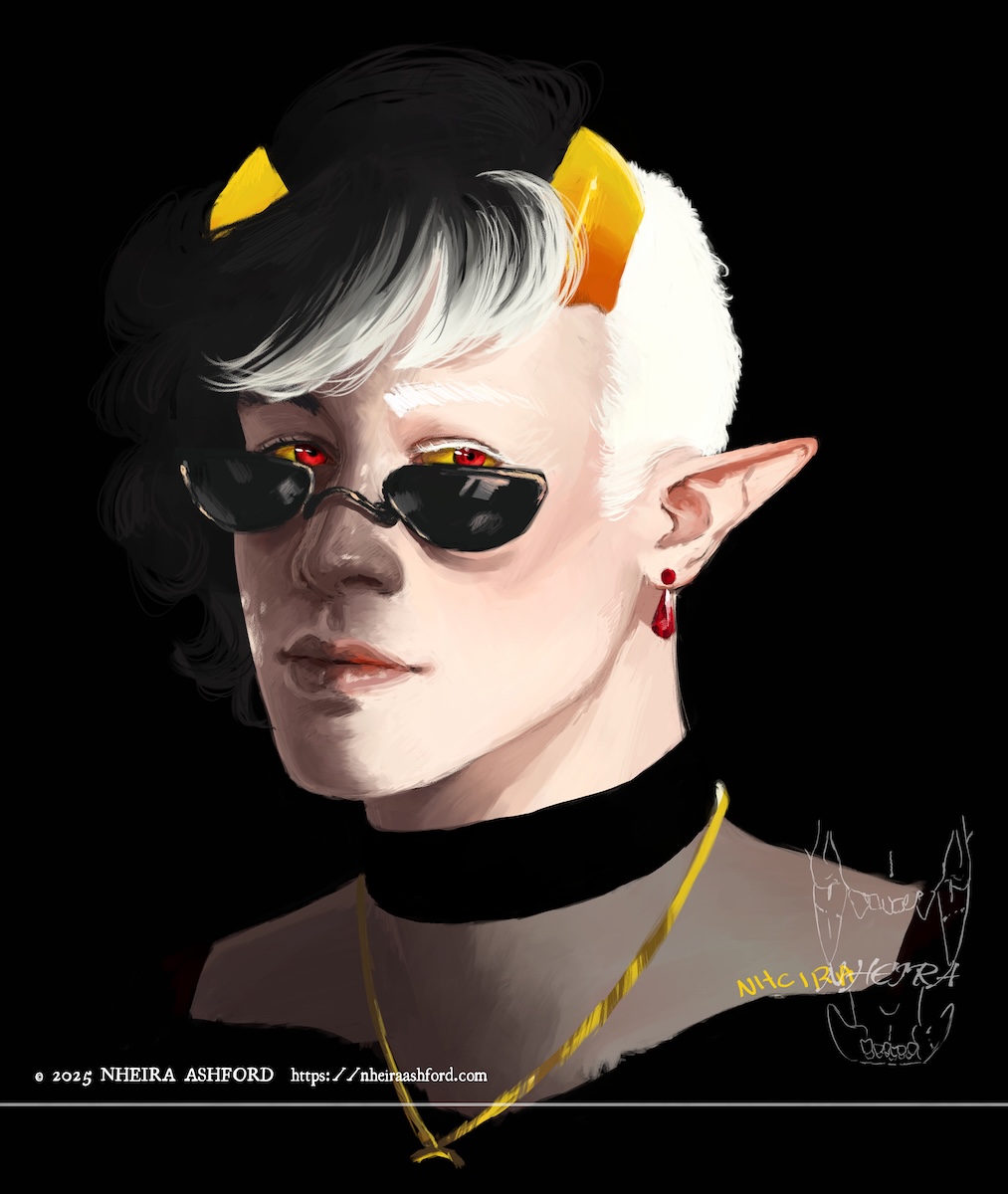A portrait of a fantroll ( Homestuck ) character. He has black and white hair split mostly down the centre. He has striking bright red eyes and yellow sclera. He wears sunglasses. His face is a mixture of the traditional troll skintone and a very pale human skintone. His eyebrows also share the split of white and black; one each. The two visible pieces of jewelry he wears is a red teardrop shaped earring and a golden necklace that doesn't have its pendant pictured.