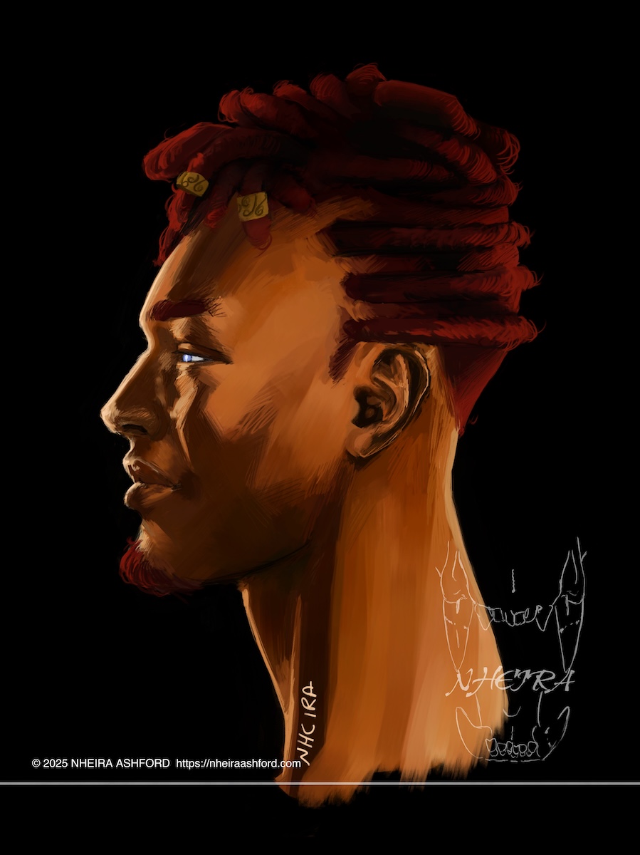 A headshot drawing of a male character positioned in a side profile. He is looking to the viewer's left ( his right ). Only one half of his face is visible. His locs are tied up atop his head and he has a neutral, calm expression. His brows, facial hair and hair are all the same color. He is lit in highly contrasted yellow colored lighting, part of his face lit in rim lighting and the other in a broader type.