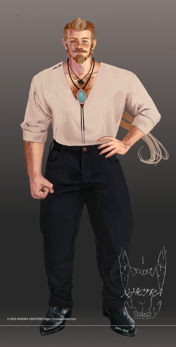 A full body portrait of a freckled redhead in western style clothing. He wears polished black cowboy boots and black jeans; his shirt is just a low cut off-white shirt, sleeves rolled up. This character is posed with one hand on his hip, the other at his side. His hair is speckled with lighter variations of red and streaks of gray, as is his beard and moustache. The visible accessories in this image are a bolo tie with a large chunk of turquoise and a shark tooth necklace.