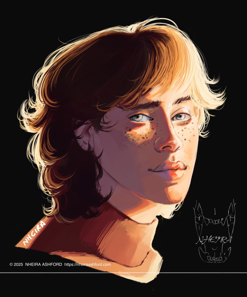 A portrait of a girl who is lit with bright light that is coming in from the viewer's right. It is illuminating part of her face. Her hair is also highlighted. She wears a high necked top thats colored orange. Her eyes in this image appear a soft green/brownish combination, but are mostly illuminated so they seem to be a very pale slate gray.