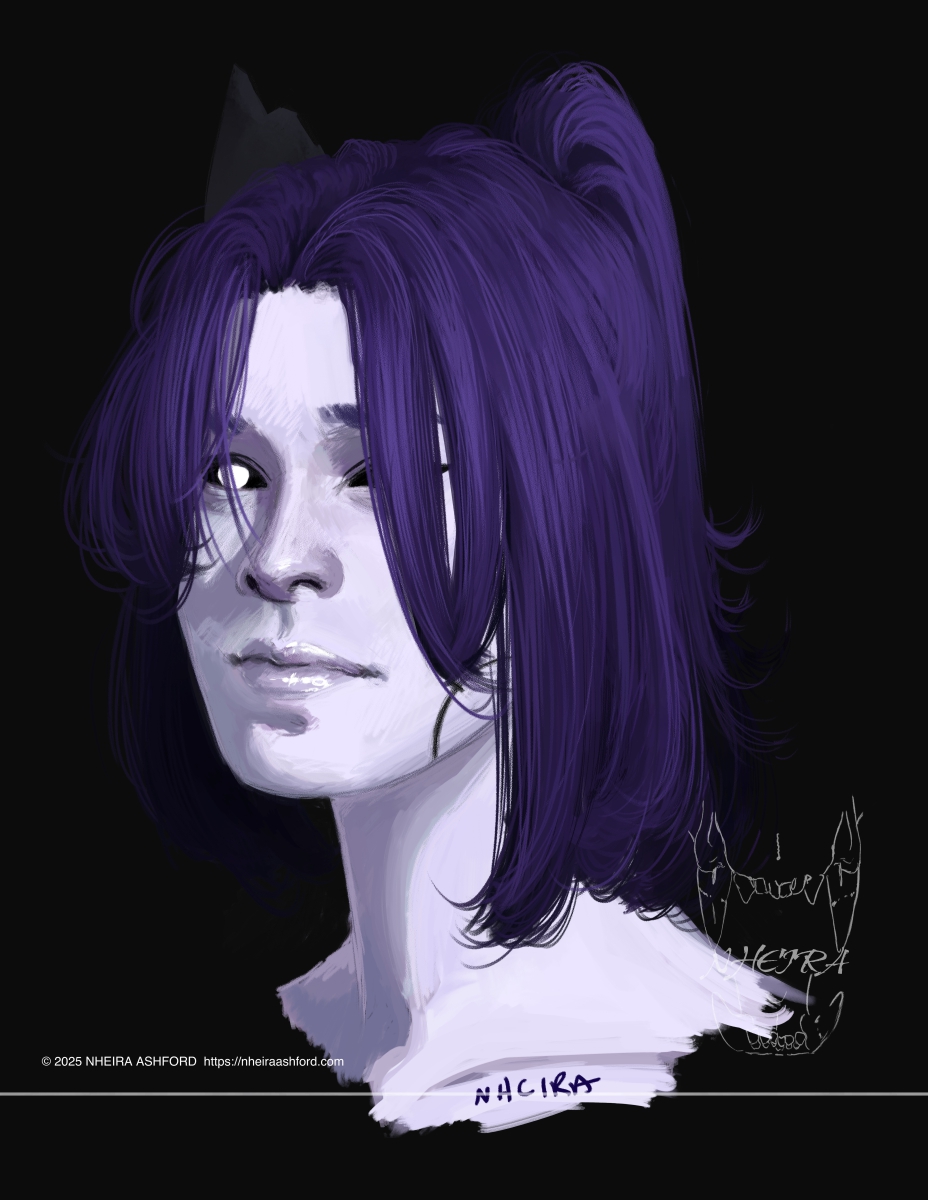 A portrait of a woman with long purple hair and very, very pale lilac skin. Her hair is tied up in a high ponytail. She is posed in a three quarters angle. Her gray crown is only partially visible at this angle. Her eyes appear to be ordinary white pupilless ones against black sclera, there is a void there instead.