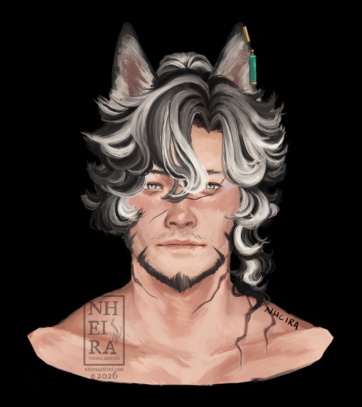 A mostly rendered portrait of a dog eared man. He has one scar running through part of his left ( viewer's right ) eye and two scars on his left ( viewer's right ) shoulder. He has an additional two wrapped around his neck from the sides. His hair is a mix of curly and wavy; its uneven in the front. It comes in a variety of gray, black and white chunks. 