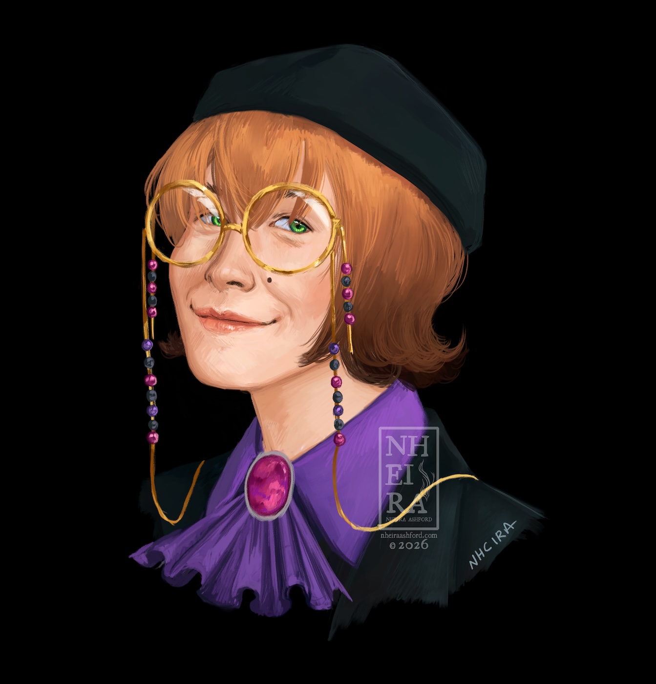 A portrait of a character with reddish to dark brown and black hair. Bright green eyes peer out from behind their bangs. They wear a beret-style hat atop their head. Their outfit, what is visible of it, consists of a violet collared shirt and black blazer, completed with a jabot; its pinned with a light pink brooch. This character also wears a pair of large round glasses, accented by beaded chains hanging from them. The beads match the rest of their color palette; pink, purple and black.