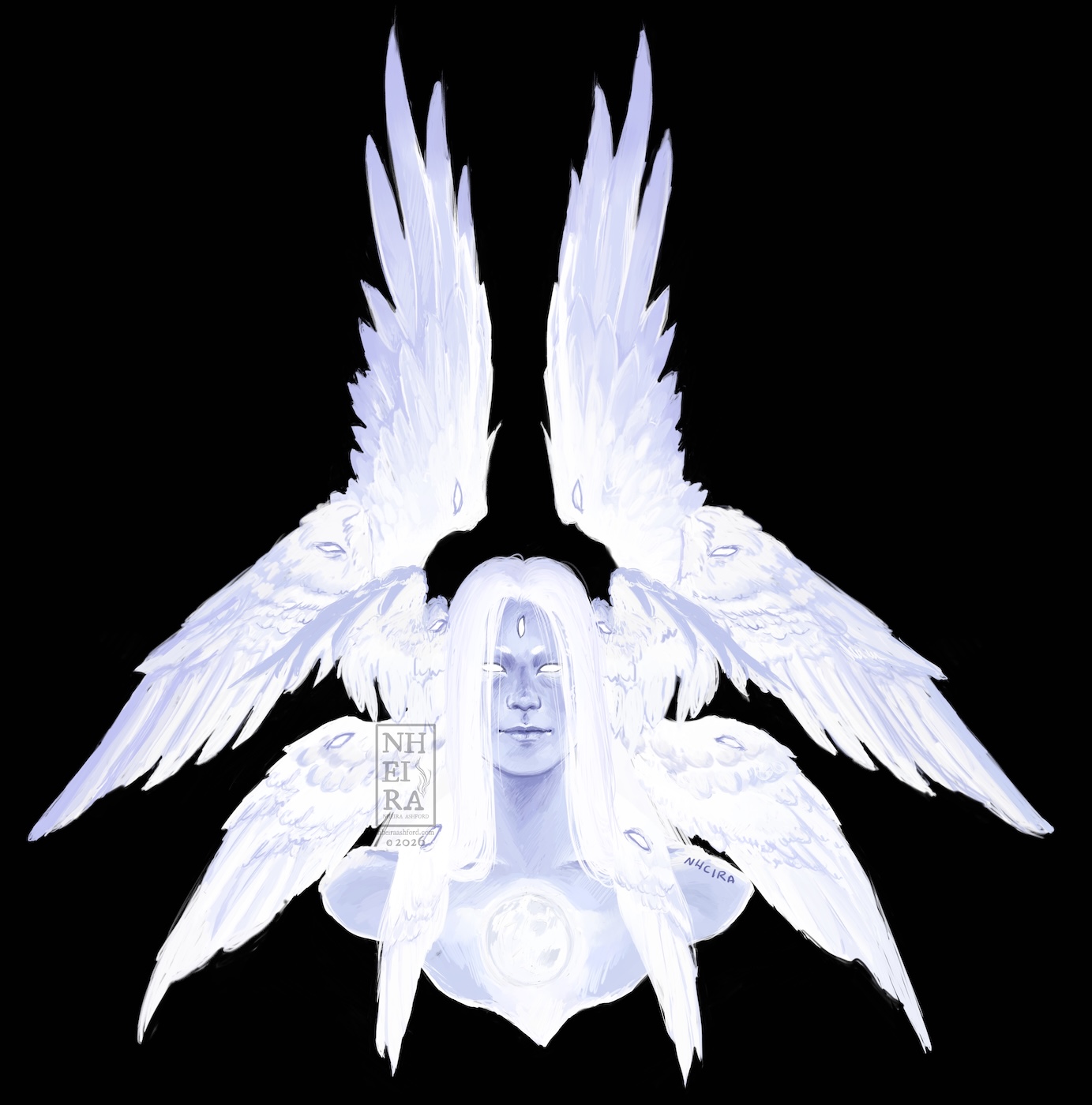 A portrait of a winged character that has three sets of wings atop their head and two sets fanning out around from behind their neck. There is an eye on each wing, the eyes are all the same shape. In the centre of their chest is a bright white moon that has illuminated some of their chest cavity.
