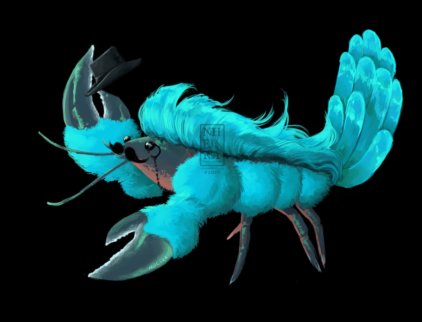 A drawing of a Lobster-Platypus critter. He has a lot of fluff on his back and around his joints up by the main portion of his body. Trevor has a moustache. He also wears a monocle and hat. His color scheme is a mix of bright blues and teals to dark reddish teals; only the underside of his body has a reddish tan color.