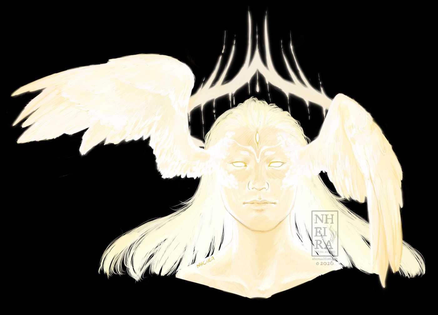 A portrait of a character that has large off-white wings attached to the sides of their head. The wings are in place of ears and can move like regular bird wings. Their hair is the same shade of golden yellow as the wings, long and flowing outwards. Near their neck, the hair is glowing. Their face shares the same golden color. Their eyes, all three, are a stark white; two are in the same place that humans have them and the third on their forehead. He has a large halo. 