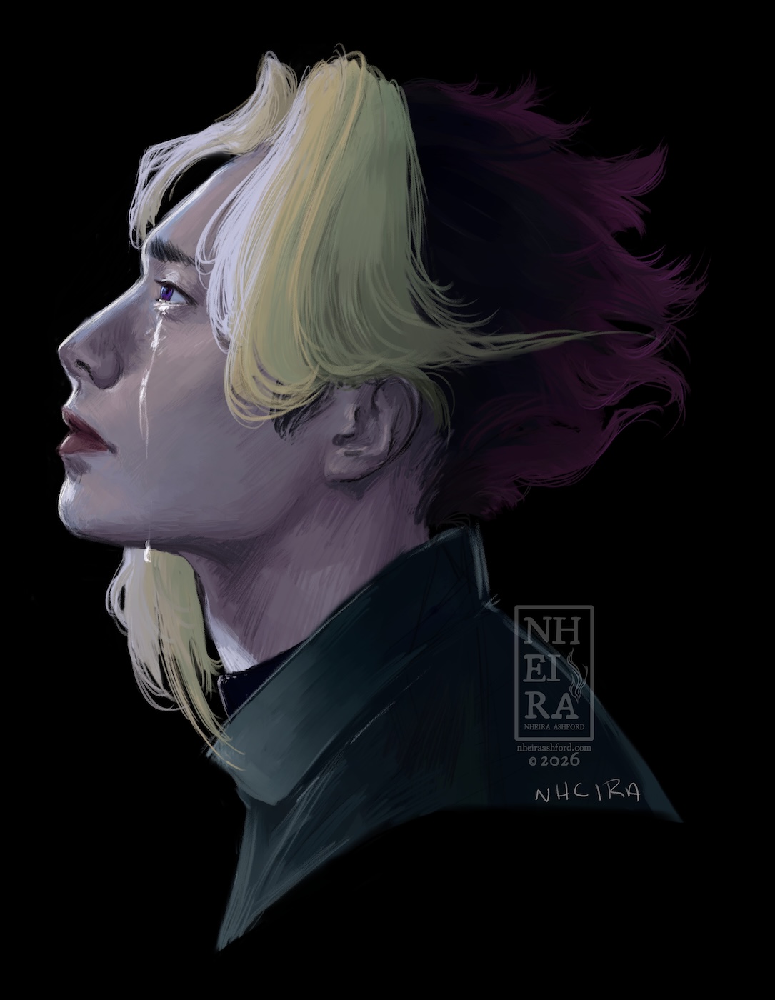 A portrait of the character 'Yuugi' from Yu-Gi-Oh! and he's posed in a side profile, head tilted up. He appears to be looking at something, a hint of shock in his expression. He is lit in cool lighting.