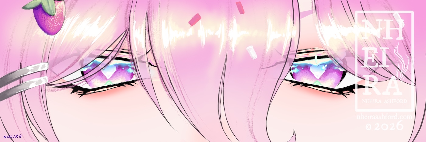 A tight crop of a Vtuber's bright pink colored eyes that have white heart shaped pupils. There are little hearts that are like catch lights sprinkled around his eyes. His face is framed by pastel pink hair, bangs longer in the centre. His visible accessories consist of two silver barrettes, a pink strawberry attached to his hair and confetti sprinkled here and there.
