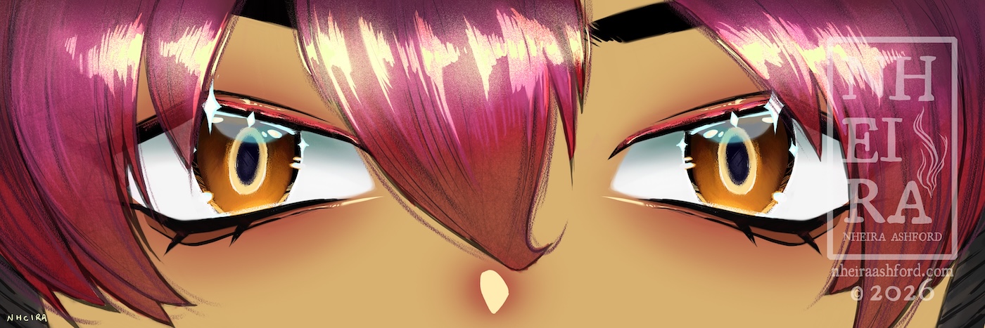 A tight crop of a Vtuber's amber colored eyes that are highlighted by a golden ring around their pupils. There are little stars that act as highlights around their eyes. Their face is framed by hair that ranges from vibrant pink to reddish hues. Parts of their sideburns are present towards the edges. 