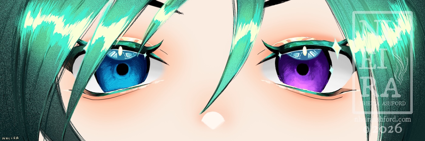 A tight crop of a Vtuber's vibrant blue and purple eyes. Their right eye is blue and their left is purple, accented with two little stars; one on the left and right. There's a larger star that sits atop their lashes. Their face is framed by their teal colored hair which also matches the highlights on their lashes.