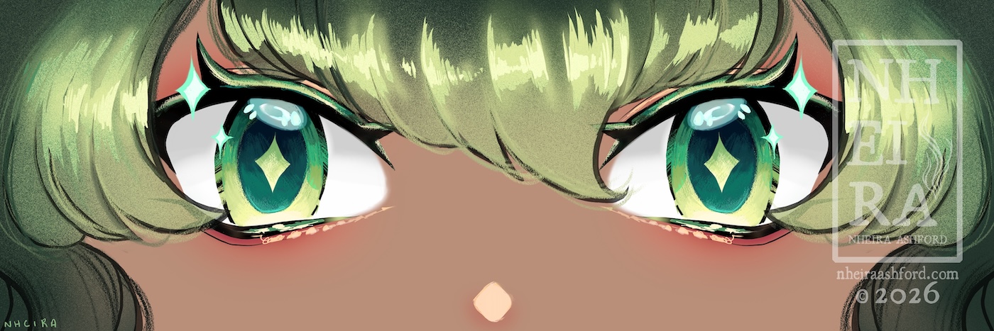 A tight crop of a Vtuber's dark and light green eyes. They have light green diamonds in the centre of their dark green pupils which are surrounded by the same light green in the form of their irises. Their hair is also a soft light and dark green; it frames their face. 