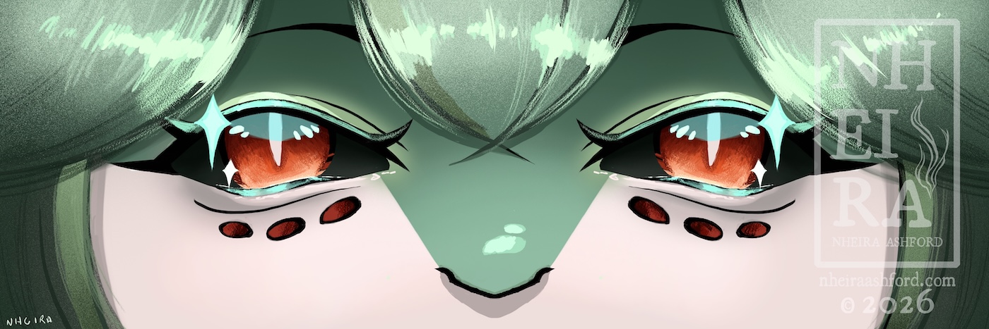 A super tight crop of a dragon character's face framed by softly muted greens. His face is split into two colors; a dark pastel green and off-white. His eyes are a deeply saturated orange-red, complete with off-white slitted pupils. There are marks beneath his eyes that are a dark red and oval in shape, almost looking like scales. 