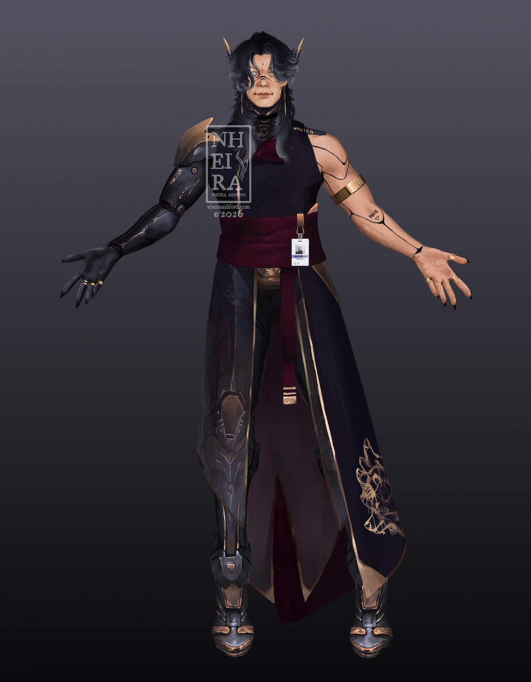 A full-body portrait of a cyborg character. Both of his legs are replaced up to the hips as are both of his arms, although his left arm ( viewer's right ) still appears to be organic. His color scheme consists of black, red and shimmering golds. There are two antennae peeking out from behind his hair; the antennae are black and gold. He wears an ID badge.