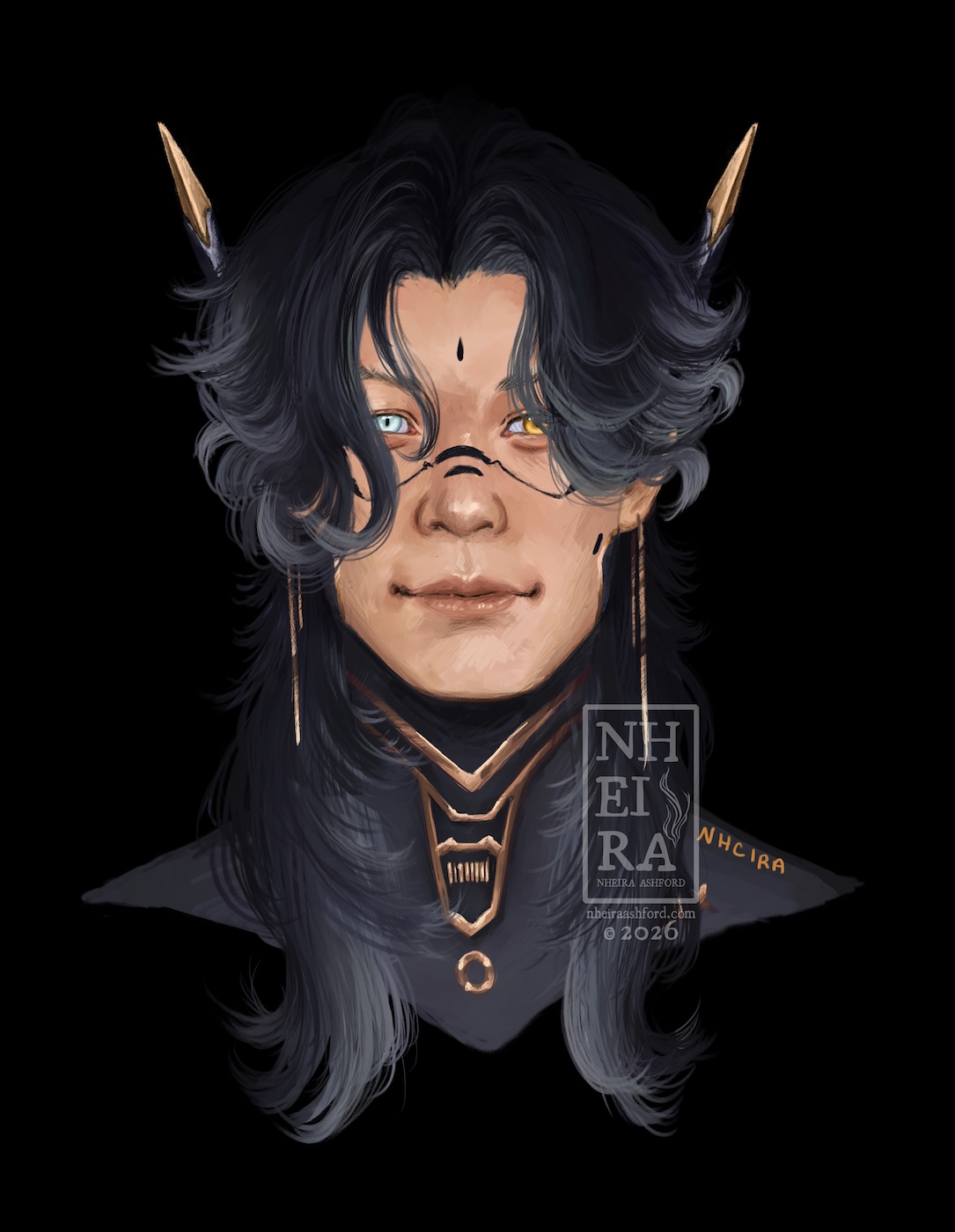 A portrait of a character with long gray hair that fades out into a lighter gray at the ends. They have heterochromatic eyes; their left is gold ( viewer's right ) and their right is a very pale blue, almost white ( viewer's left ). Their neck / shoulders is not the same color as their face, instead, both are gray, complete with gold embellishment/detailing. On their face are black lines and marks. The area where their jaw hinges covered with the same material as their neck/shoulders, outlined in more gold.